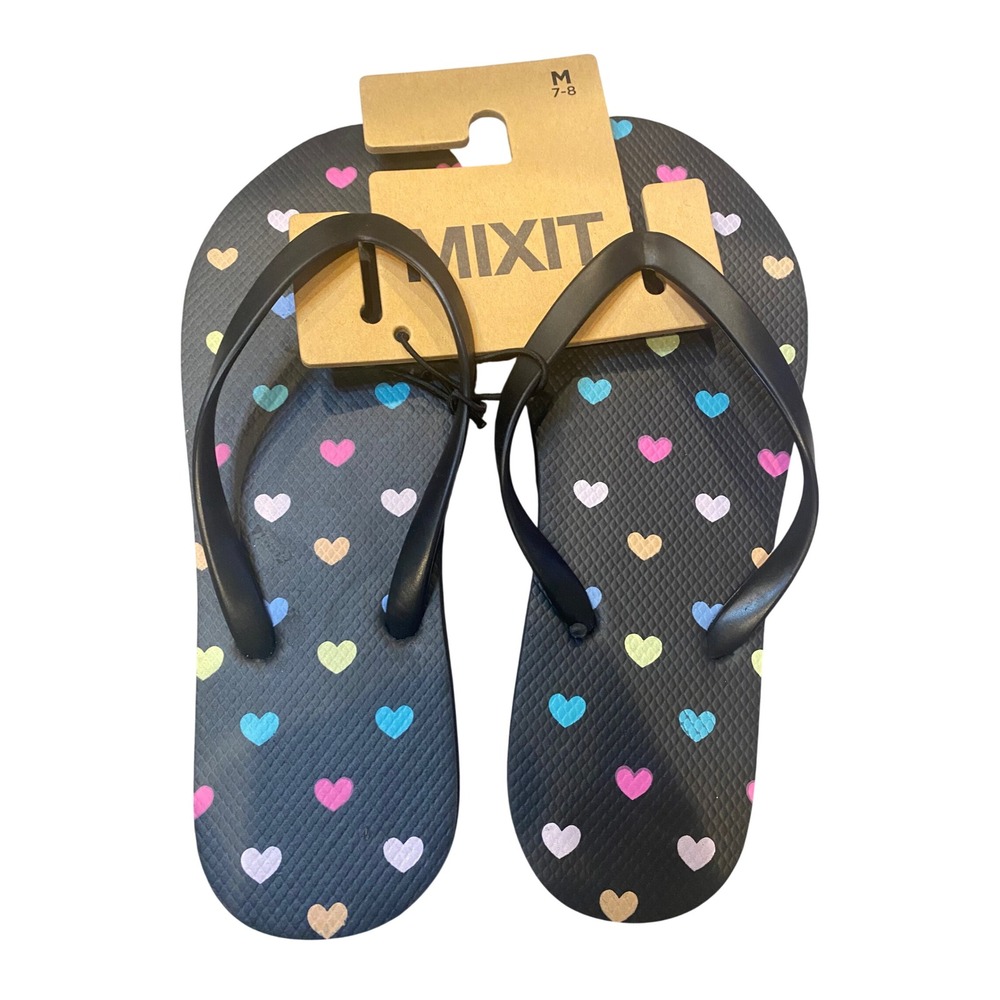 Mixit Womens Heart Print Flip Flops Black Multi Color Sandals Size M 7-8 NWT